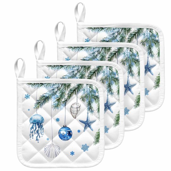 Blue Coastal Christmas Pot Holders for Kitchen Heat Insulation Potholder, Xmas Ball Pine Starfish Shell Snowflake Kitchen Pot Holders Sets Washable Oven Hot Pads Cloth Trivet for Cooking 4 Pack