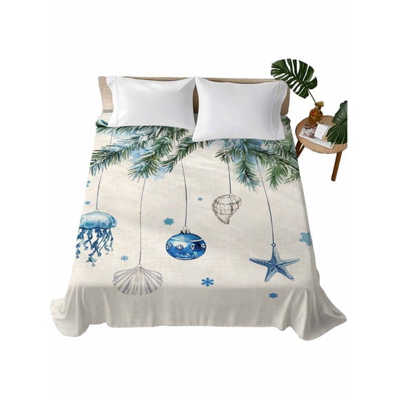 Blue Coastal Christmas Queen Size Flat Sheet Only, Hotel Luxury Microfiber Bed Top Sheets, Xmas Botanical Starfish Rustic Soft Breathable Bedding Sheet for Bedroom, Easy Care - 90" x 102"