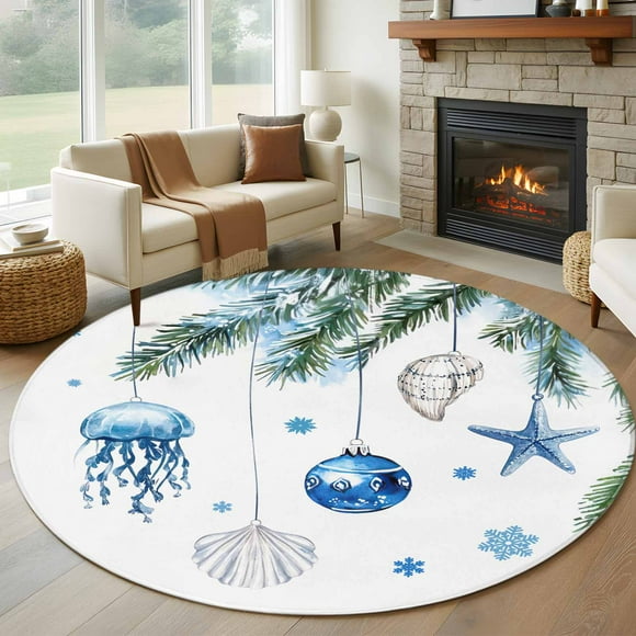 Blue Coastal Christmas Round Area Rug 5 FT, Non Slip Bedroom Area Rug, Xmas Ball Pine Starfish Shell Snowflake Washable Soft Circular Carpet Floor Mat for Kitchen Dining Room Foyer Balcony Dorm