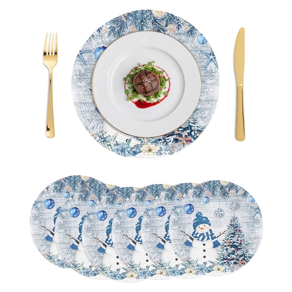 Blue Coastal Christmas Round Placemats Set of 6,Braided Polypropylene Place Mats,Xmas Tree Nautical Starfish Vintage Table Mats for Kitchen Dinner Holiday Wedding Party Coffee Table Decor 15"