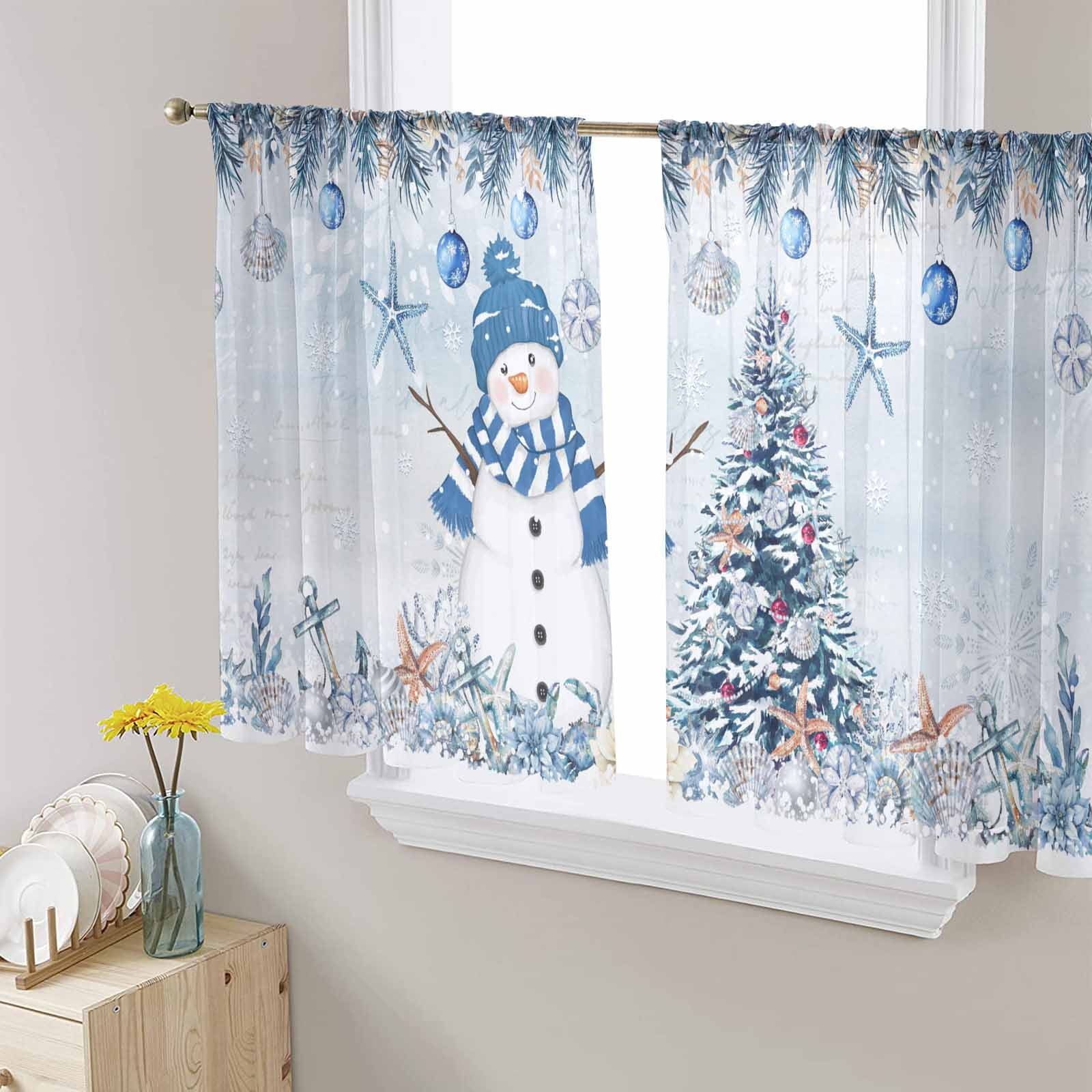 Blue Coastal Christmas Sheer Curtains 54 Inch Length 2 Panels Set for ...