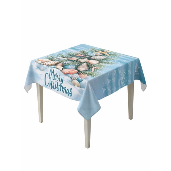 Blue Coastal Christmas Table Cloth, Nautical Summer Beach Shell Conch Waterproof Tablecloth for Square Tables, Reusable Washable Fabric Table Cover for Restaurant Kitchen Dining Tables 54"x54"
