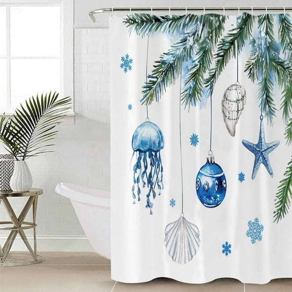 Blue Coastal Christmas Waterproof Fabric Shower Curtain, Xmas Botanical Starfish Shower Curtain for Bathroom Curtains Bathtubs Hotel Washable Shower Curtains with 12 Hooks Small 36x78in
