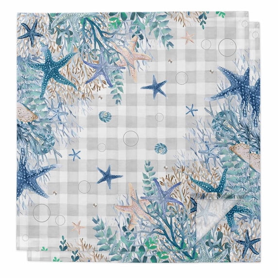 Blue Coastal Cloth Napkins, Summer Beach Nautical Coral Starfish Plaid Washable and Reusable Dinner Napkins Set of 2, Table Napkin for Kitchen Party Birthday Wedding Hotel Housewarming 20"x20"