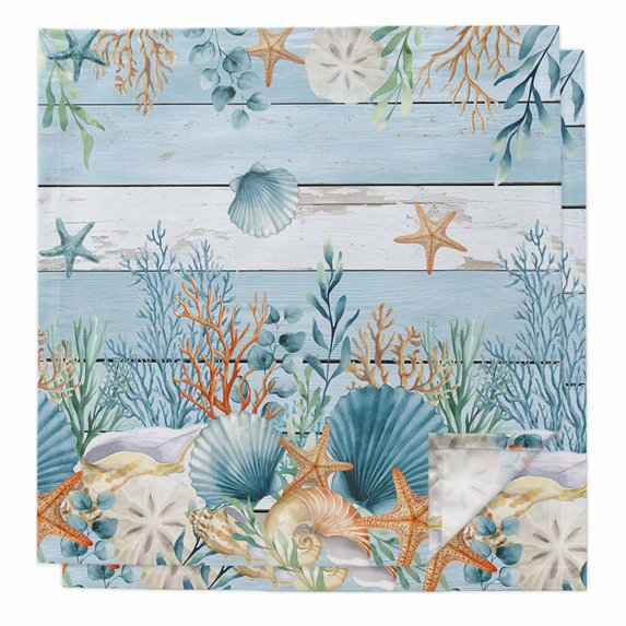 Blue Coastal Cloth Napkins, Summer Beach Starfish Shell Coral Nautical Washable and Reusable Dinner Napkins Set of 2, Table Napkin for Kitchen Party Birthday Wedding Hotel Housewarming 20"x20"
