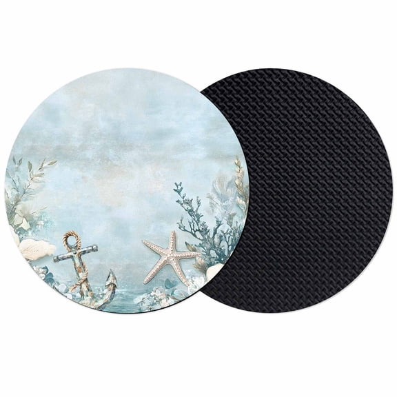 Blue Coastal Coasters Set of 2, Soft Absorbent Coasters for Drinks, Beach Nautical Anchor Starfish Botanical Non-Slip Cup Coaster Mat with Rubber Bottom for Home Kitchen Coffee Bar Table Decor 4"