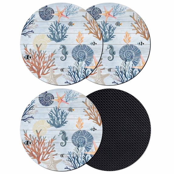 Blue Coastal Coasters Set of 4, Absorbent Coasters for Drinks, Coral Shell Starfish Seahorse Summer Beach Coaster for Desk Coffee Table Protection, Home Decor House Warming Gifts 4"