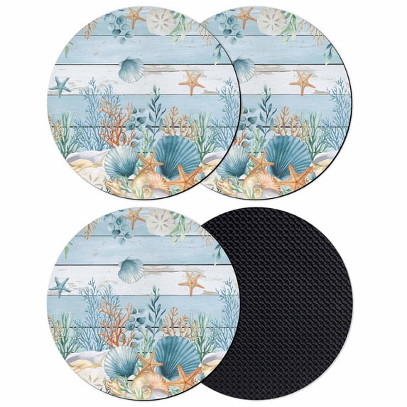 Blue Coastal Coasters Set of 4, Absorbent Coasters for Drinks, Summer Beach Starfish Shell Coral Nautical Coaster for Desk Coffee Table Protection, Home Decor House Warming Gifts 4"