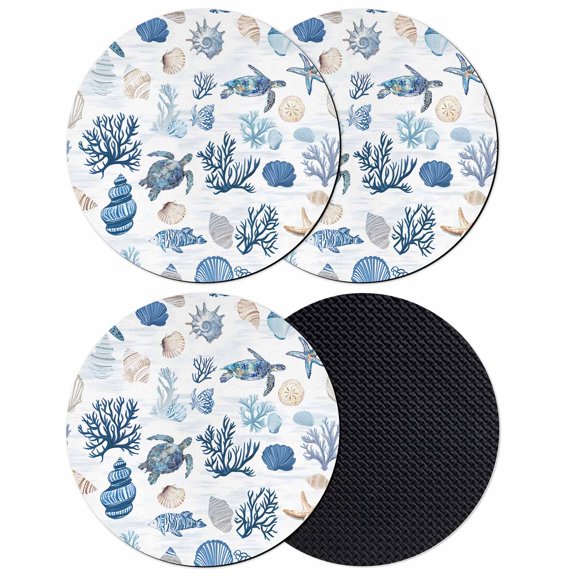 Blue Coastal Coasters Set of 4, Starfish Sea Turtle Coral Nautical Beach Absorbent Coasters for Drinks, Coaster for Bar Office Dining Coffee Table Accessories Decor, Non Slip Round Desk Coaster