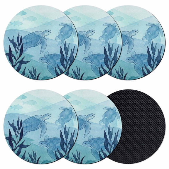 Blue Coastal Coasters Set of 6, Absorbent Coasters for Drinks, Beach Sea Turtle Ocean Nautical Botanical Coaster for Desk Coffee Table Protection, Home Decor House Warming Gifts 4"