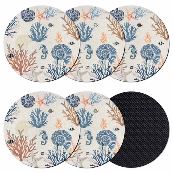 Blue Coastal Coasters Set of 6, Absorbent Coasters for Drinks, Summer Beach Coral Shell Starfish Vintage Coaster for Desk Coffee Table Protection, Home Decor House Warming Gifts 4"