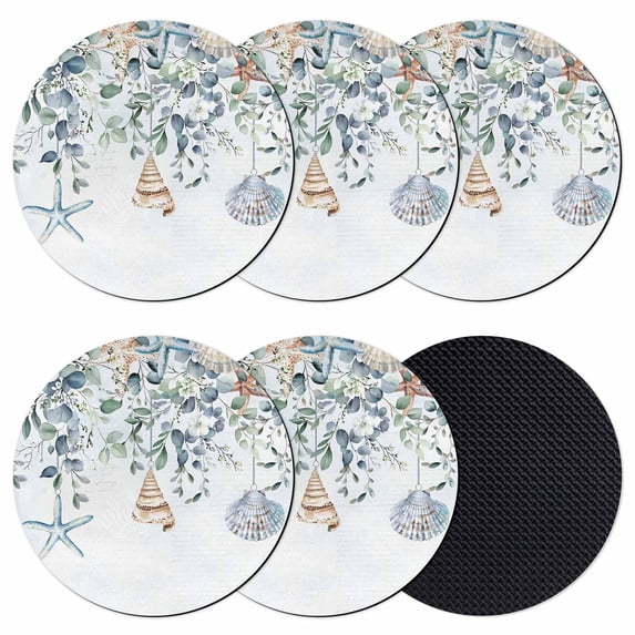 Blue Coastal Coasters Set of 6, Eucalyptus Leaves Summer Beach Starfish Absorbent Coasters for Drinks, Coaster for Bar Office Dining Coffee Table Accessories Decor, Non Slip Round Desk Coaster
