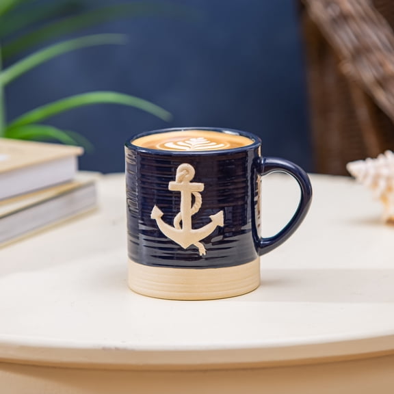 Blue Coastal Coffee Cup Sculpted Anchor, 21oz, Gift Box