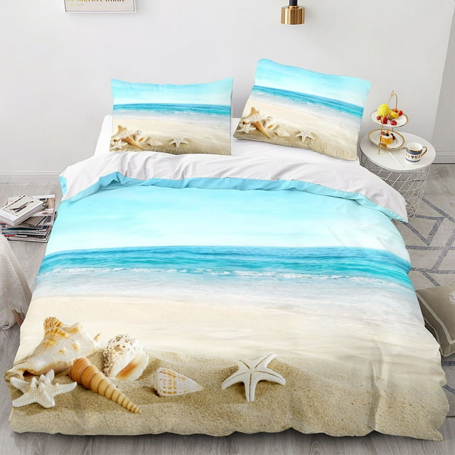 Blue Coastal Comforter Set Ocean Microfiber Fabric Duvet Set King Size ...
