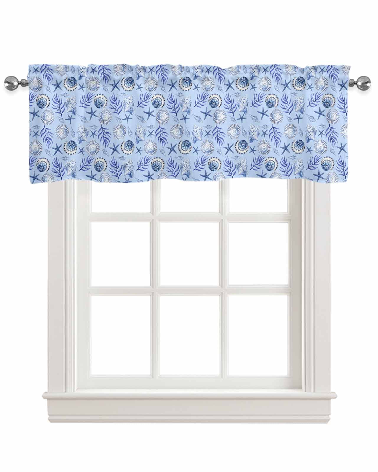 Blue Coastal Conch Kitchen Valances for Windows Farmhouse Linen Window ...