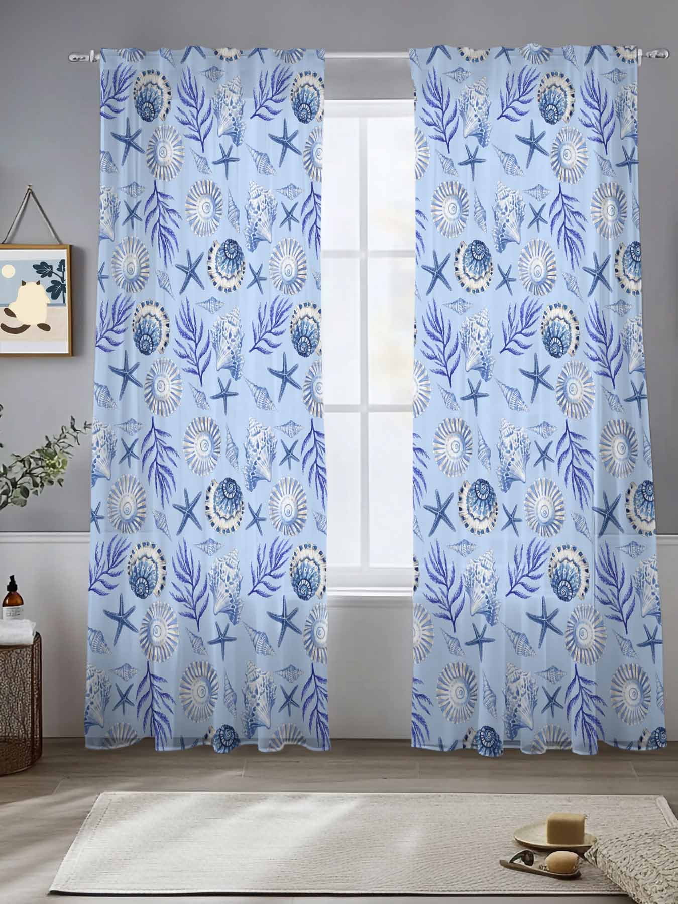 Blue Coastal Conch Sheer Curtains for Living Room Bedroom Summer Ocean