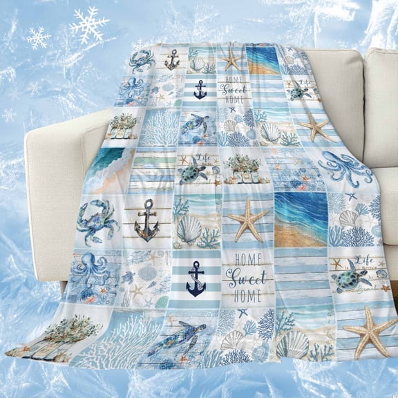 Blue Coastal Cooling Blanket for Hot Sleepers,Soft Cool Summer Blanket for Night Sweats,Turtle Nautical Anchor Octopus Starfish Coral Lightweight Ice Silk Bed Throw Blankets All Season 60"x80"