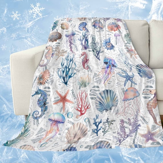 Blue Coastal Cooling Blanket, Lightweight Breathable Summer Throw Blanket with Double Sided Cold Effect,Summer Coral Shell Sea Beach Nautical Picnic Beach Blankets Bed Sheet for Hot Sleepers 30"x40"