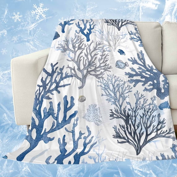 Blue Coastal Cooling Blanket,Lightweight Breathable Summer Throw Blanket with Double Sided Cold Effect,Summer Nautical Ocean Beach Coral Fish Picnic Blankets Bed Sheet for Hot Sleepers 50"x60"