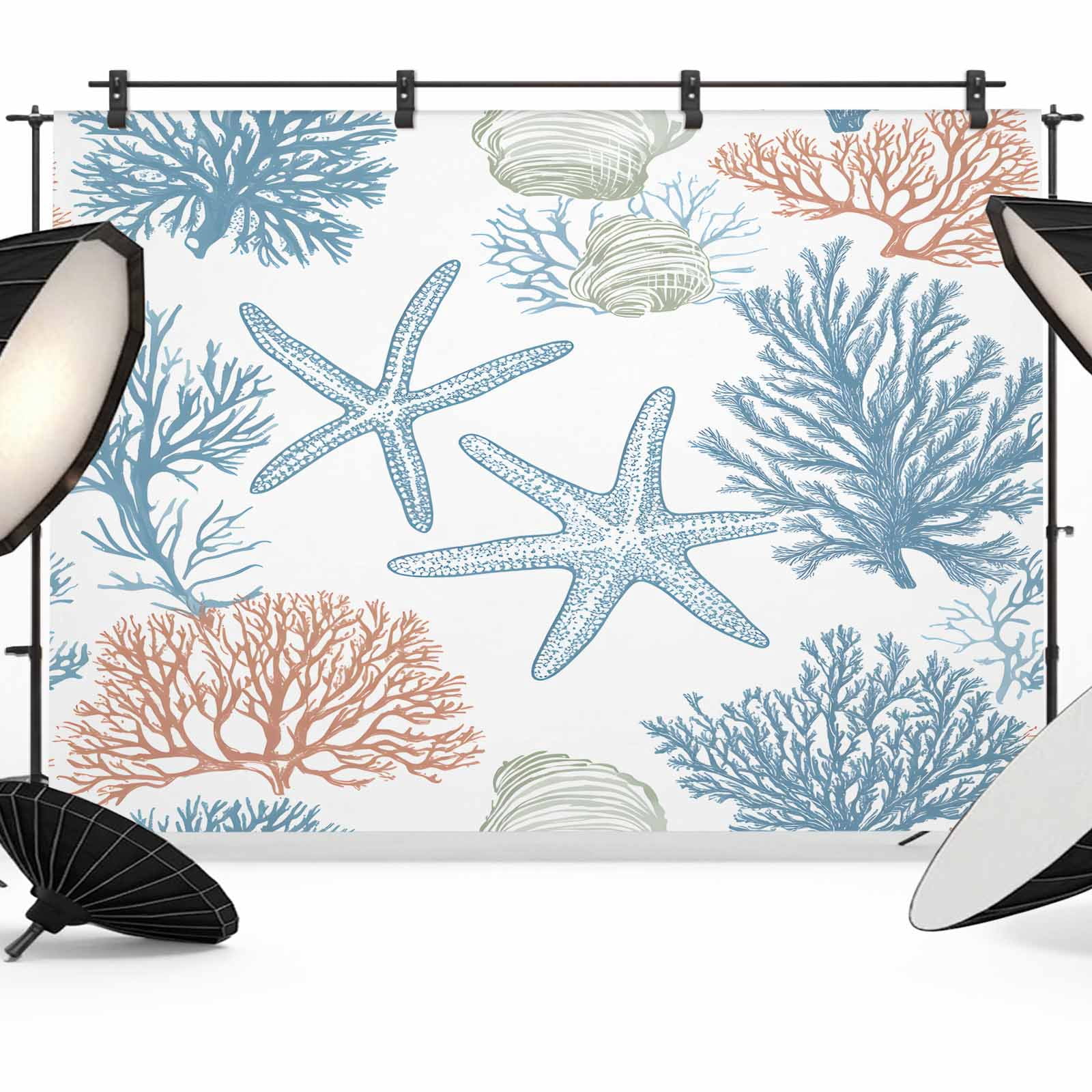 10x8ft photo backdrop, starfish coastal soft polyester... Blue Coastal Coral Backdrop for Photography, Fabric Photo Background ...
