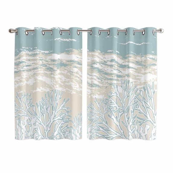 Blue Coastal Coral Kitchen Curtains Window Panels, Summer Beach Ocean Abstract Art Insulated Window Treatment Curtain, Grommet Curtains for Bedroom/Living Room/Bathroom, 2 Piece 52"Wx63"L