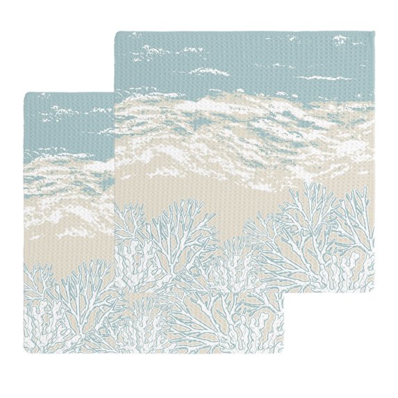 Blue Coastal Coral Kitchen Dish Towels for Drying Dishes Set of 2, Summer Beach Ocean Abstract Art Waffle Weave Microfiber Hand Tea Bathroom Towels Quick Dry & Absorbent Towel 12x12