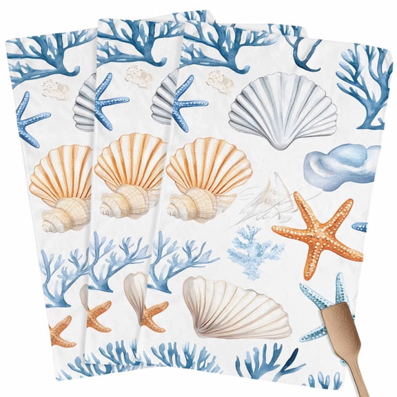Blue Coastal Coral Kitchen Towel Dish Cloths Set of 3, Microfiber Soft Kitchen Hand Towels, Ocean Starfish Shell Marine Life Absorbent Quick Drying Dishcloths 18 x 28 Inches