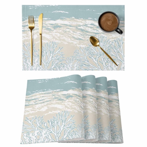Blue Coastal Coral Placemats Set of 8, Summer Beach Ocean Abstract Art Placemats for Dining Table, Place Mats for Kitchen Tabletop, Waterproof Wipeable Dining Table Mats Set