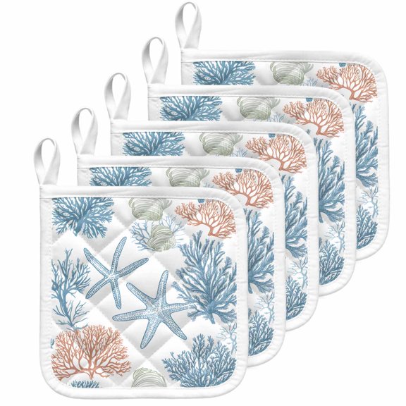 Blue Coastal Coral Pot Holders for Kitchen Heatproof Potholder, 5 Pack Ocean Starfish Nature Plant Hot Pads Multipurpose Oven Pads Cloth Potholders Trivet for Cooking Baking