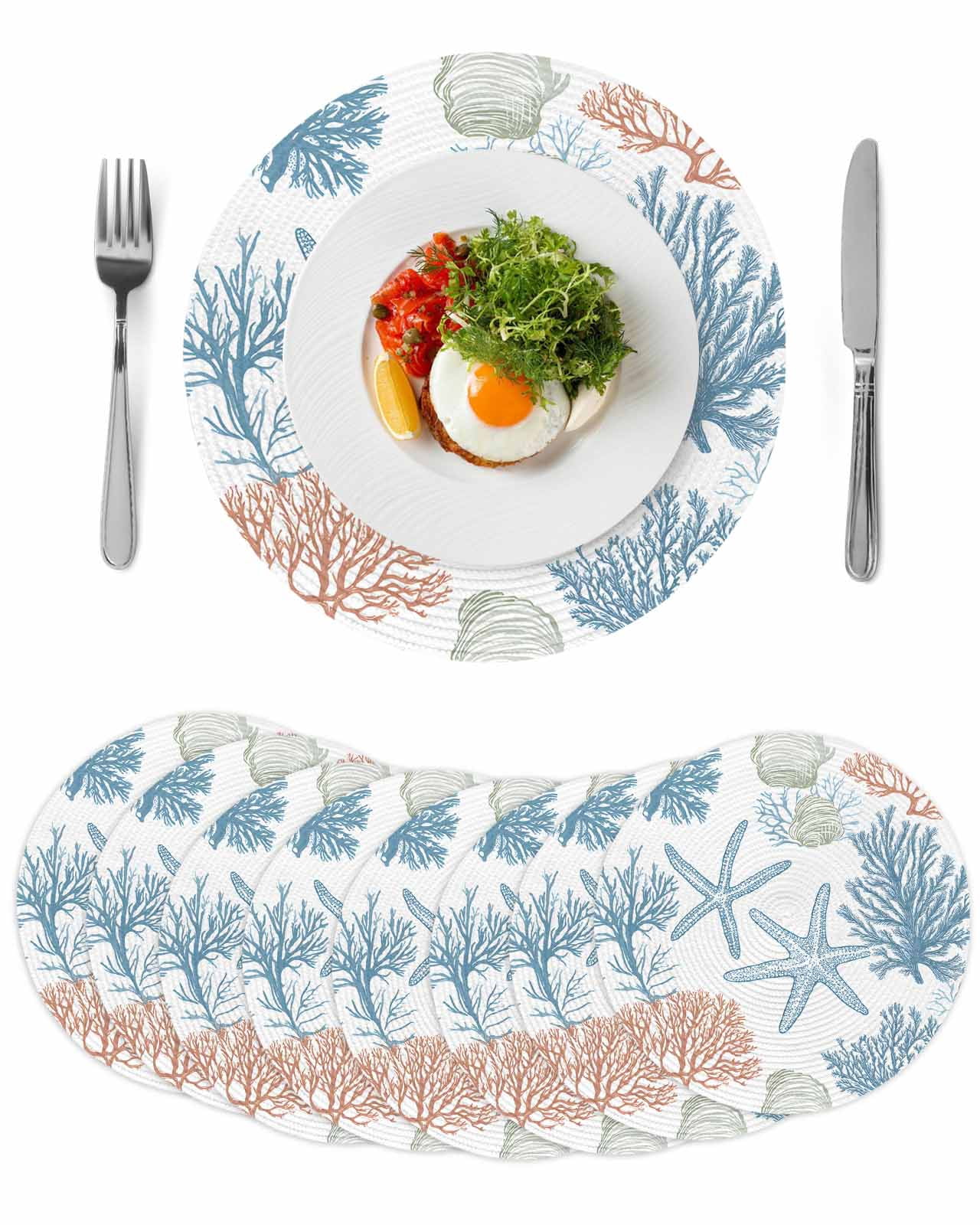 Blue Coastal Coral Round Placemats Set of 8 for Dinning Tables,Heat ...