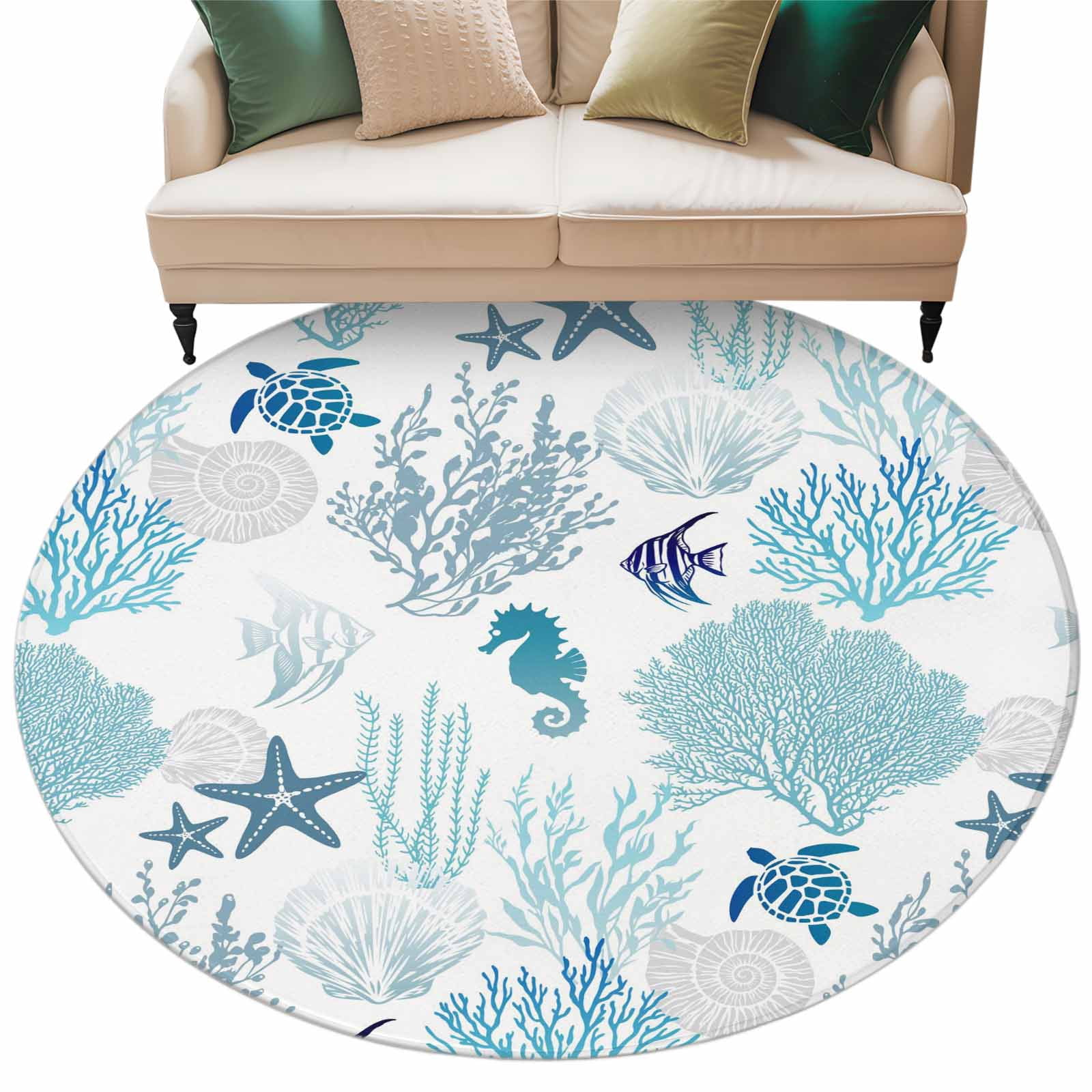 Circle Turtle Rug Blue Coastal Coral Round Rug 7ft Washable Circle Rugs Non Slip Summer ...