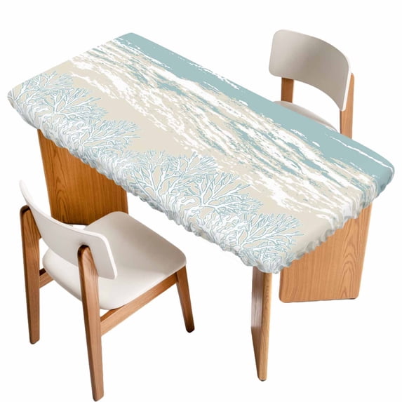 Blue Coastal Coral Table Cloths for 5 Foot Rectangle Tables, Summer Beach Ocean Abstract Art Patio Waterproof Elastic Fitted Tablecloths, Washable Rectangular Table Cover for Camping