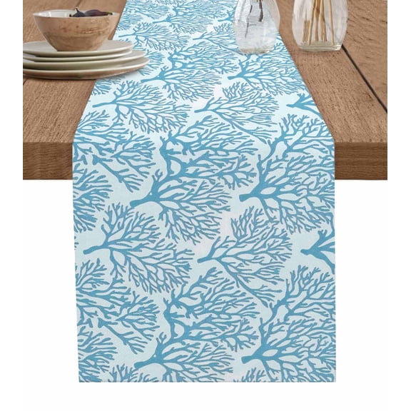 Blue Coastal Coral Table Runner Cotton Linen 108 Inch Holiday Dresser Scarves, Farmhouse Nautical Marine Plants Tablerunner for Kitchen Coffee Dining Bedroom Dinner Scarf Décor 13''x108''