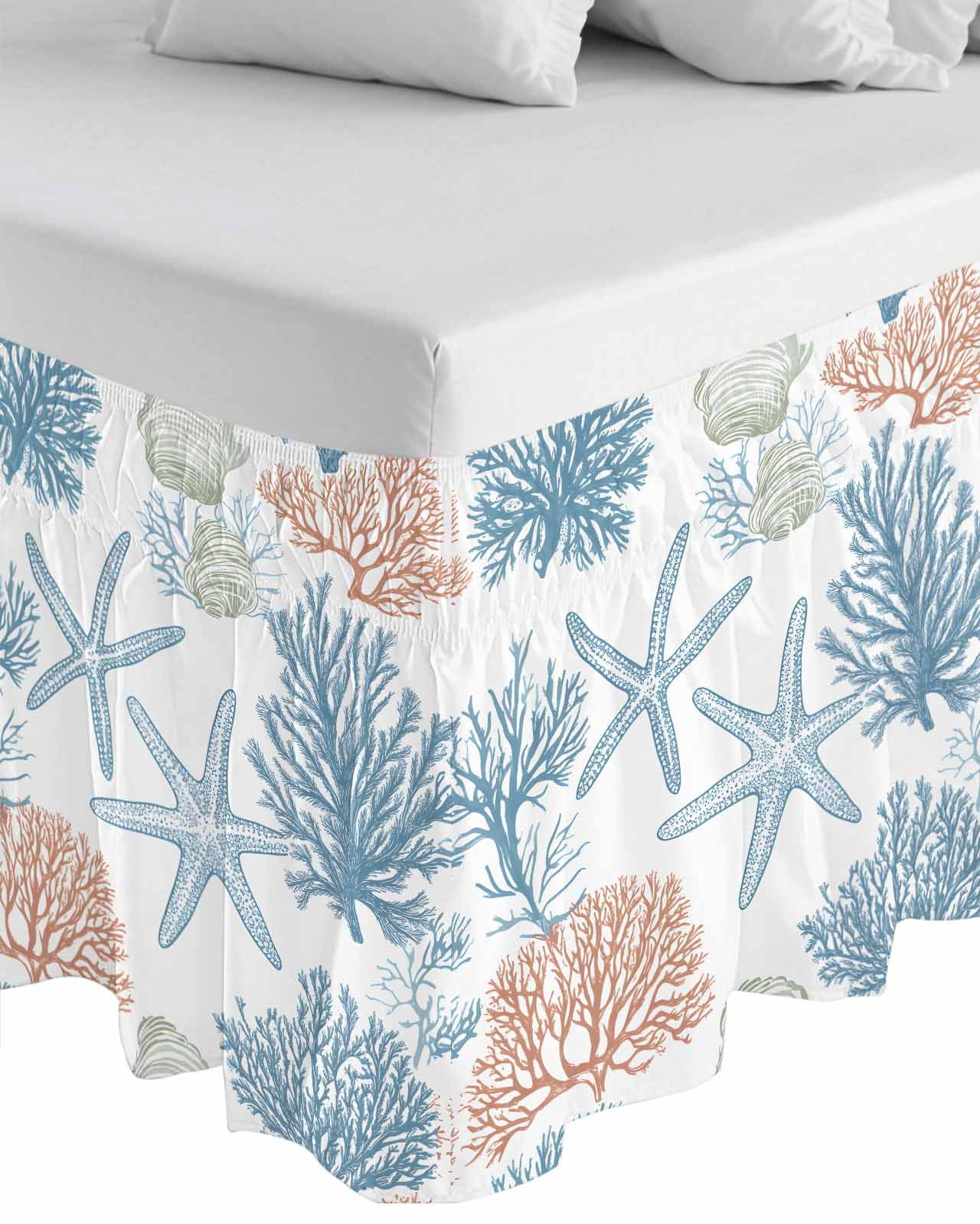 Blue Coastal Coral Wrap Around Bed Skirts for Queen Bed 16" Drop, Bed Skirt with Adjustable Elastic Belt Dust Ruffle Bed Valance for Bedroom Hotel Luxury Ocean Starfish Nature Plant Bed Frame Cover