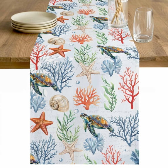 Blue Coastal Cotton Linen Rectangle Table Runners 13