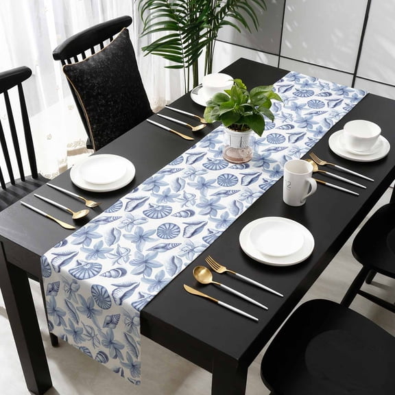 Blue Coastal Cotton Linen Small Table Runner 13 x 48 inch Shell Floral Ocean Retro Non-slip Rectangular Dining Table Decor for Wedding Party Holiday Dinner