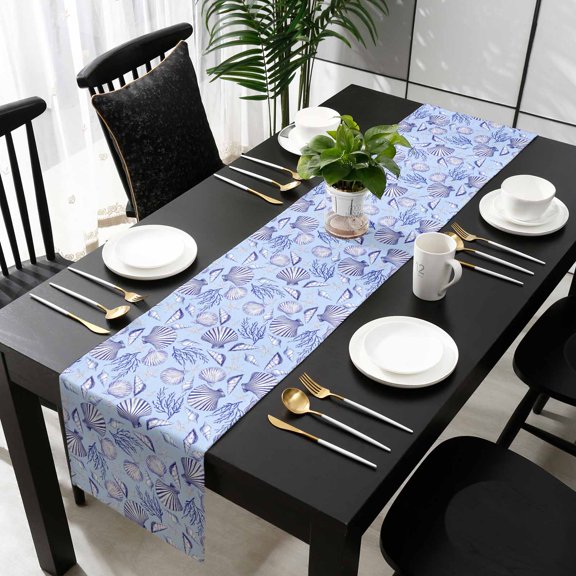 Blue Coastal Cotton Linen Small Table Runner 13 x 60 inch Ocean Beach Nautical Coral Conch Farmhouse Non-slip Rectangular Dining Table Decor for Wedding Party Holiday Dinner