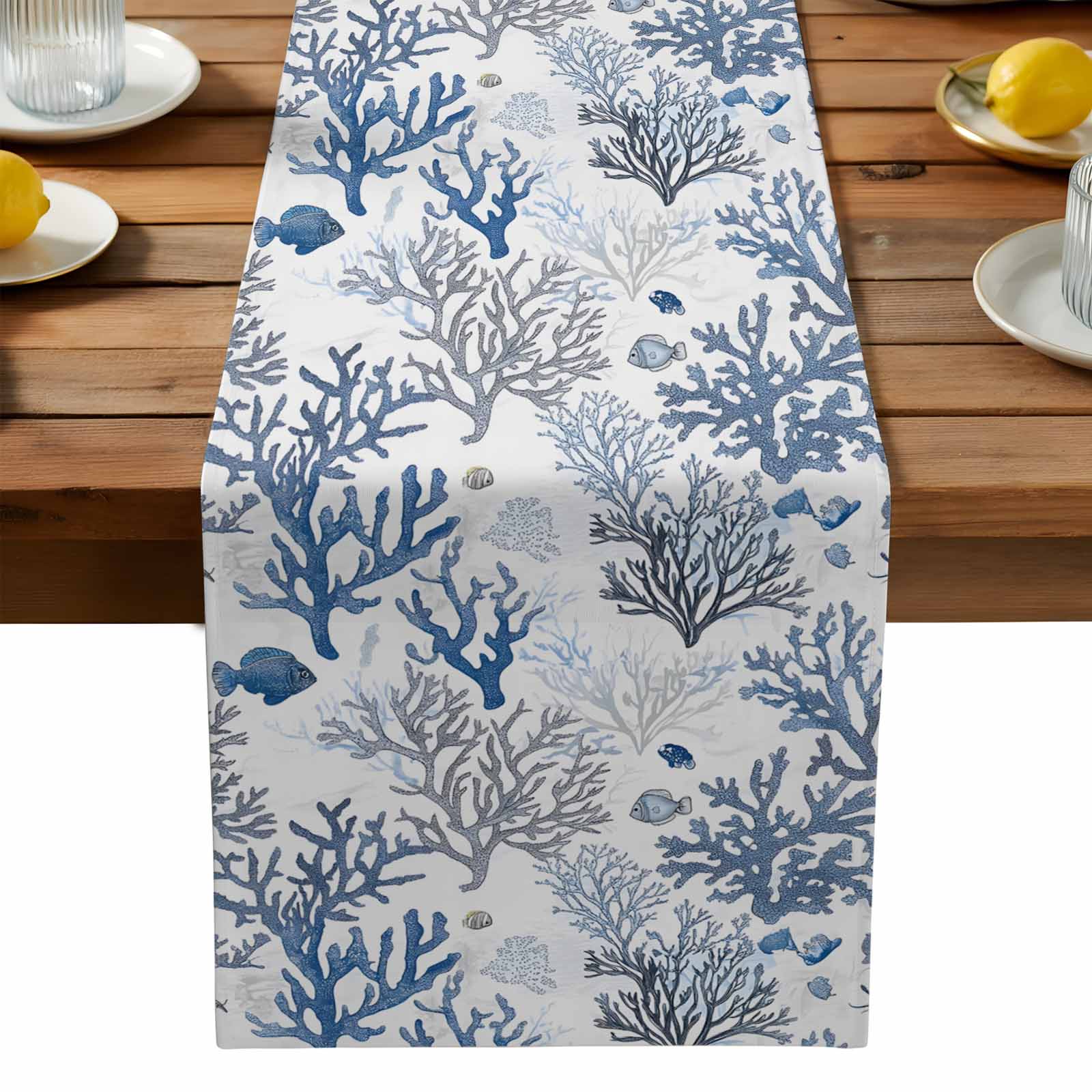 Blue Coastal Cotton Linen Table Runner for Dining Kitchen, Summer ...