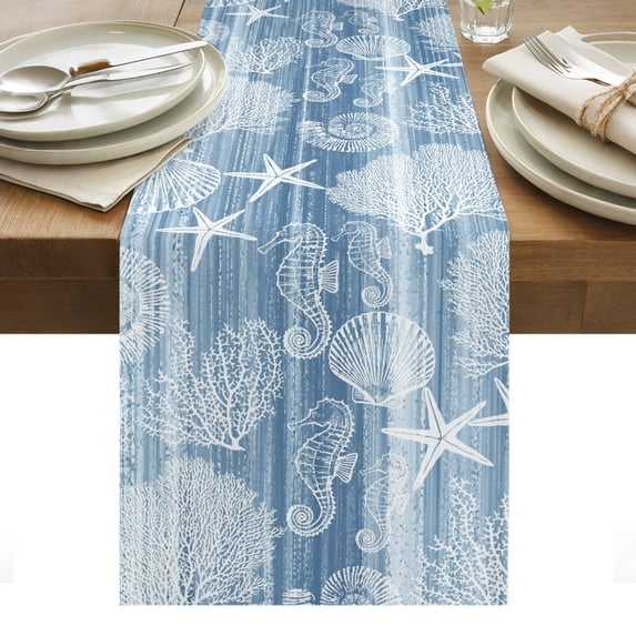 Blue Coastal Cotton Linen Table Runner Nautical Starfish Seahorse Coral ...