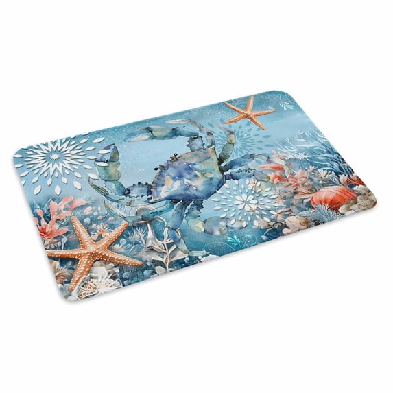 Blue Coastal Crab Doormat Outdoor Entrance 24"x36", Summer Beach Starfish Botanical Absorb Moisture Dirt Door Mats, Non-Slip Rubber Backing Floor Mats Indoor, Low-Profile Front Door Rugs