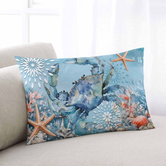 Blue Coastal Crab King Size Pillow Cover, Pillowcase Protectors with Zipper, Breathable Decorative Throw Pillow Case Cover, Summer Beach Starfish Botanical Pillow Shams for Couch Sofa 20x36Inch