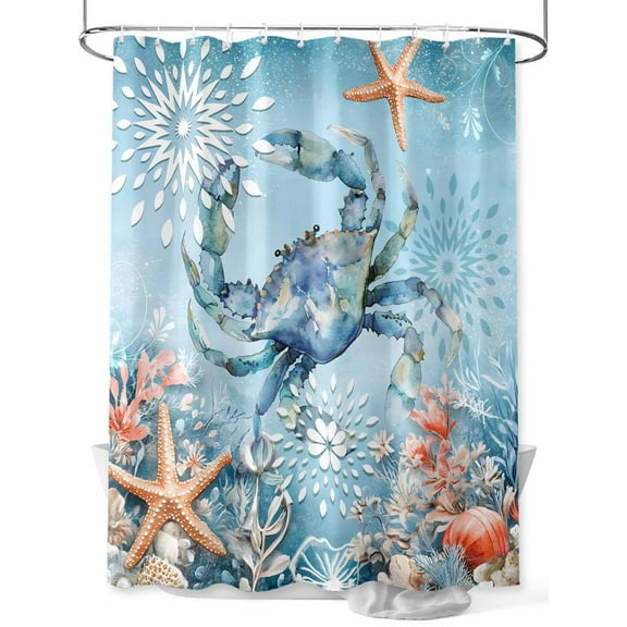 Blue Coastal Crab Shower Curtain Set, Waterproof Shower Curtains for Bathroom, Summer Beach Starfish Botanical Washable Fabric Cloth Bath Curtain for Bathtub Decoration with Hooks 48x72 Inches