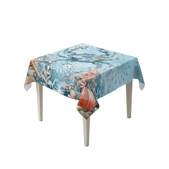 Blue Coastal Crab Table Cloth, Summer Beach Starfish Botanical Waterproof Tablecloth for Square Tables, Reusable Washable Fabric Table Cover for Restaurant Kitchen Dining Tables 54"x54"