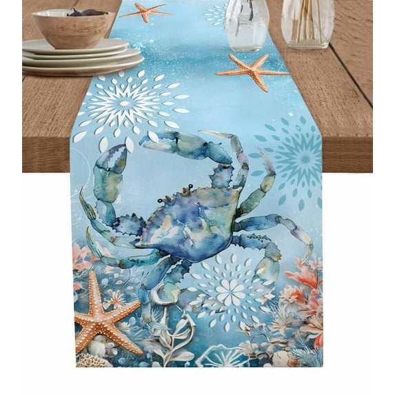Blue Coastal Crab Table Runner Summer Beach Starfish Botanical Tablerunners 14 x 72 Inch, Table Decorations Tabletop Scarf for Summer Gathering Holiday Farmhouse Kitchen Dining Decor