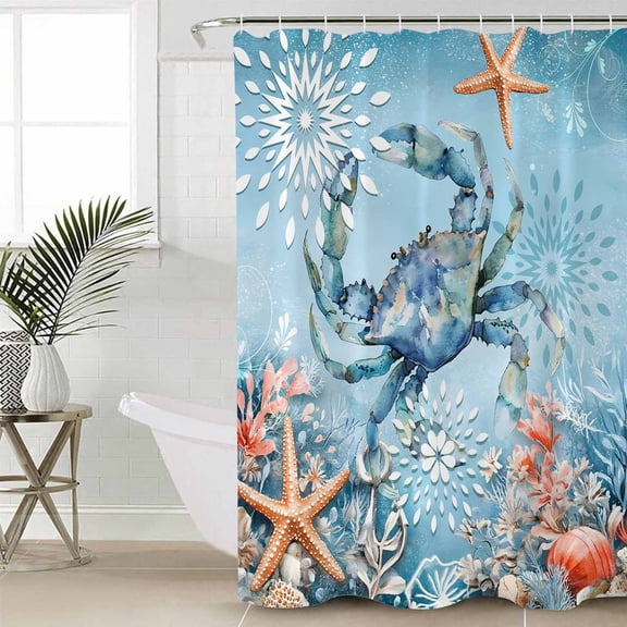 Blue Coastal Crab Waterproof Fabric Shower Curtain, Summer Beach Starfish Botanical Shower Curtain for Bathroom Curtains Bathtubs Hotel Washable Shower Curtains with 12 Hooks Standard 60x72