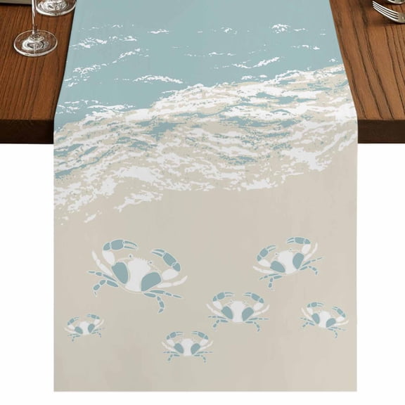 Blue Coastal Crabs 48 Inch Table Runner, Summer Beach Ocean Abstract Art Farmhouse Dresser Scarf Cotton & Linen Tablerunner for Dining/Kitchen Island/Holiday Party Décor 13" x 48"