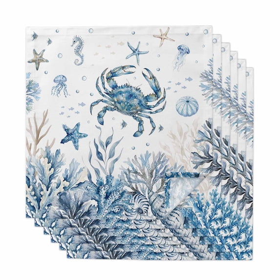 Blue Coastal Crabs Cloth Napkins, Summer Ocean Sea Starfish Coral Shells Washable and Reusable Dinner Napkins Set of 6, Table Napkin for Kitchen Party Birthday Wedding Hotel Housewarming 20"x20"
