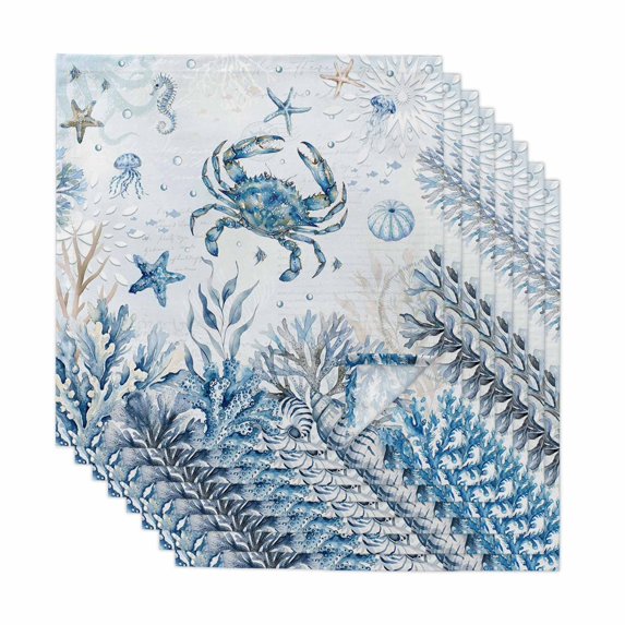 Blue Coastal Crabs Cloth Napkins, Summer Ocean Seahorse Coral Shells Washable and Reusable Dinner Napkins Set of 8, Table Napkin for Kitchen Party Birthday Wedding Hotel Housewarming 20"x20"