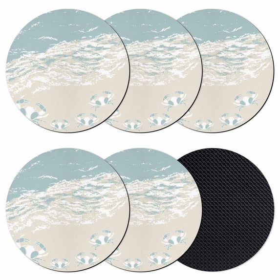 Blue Coastal Crabs Coasters Set of 6, Absorbent Coasters for Drinks, Summer Beach Ocean Abstract Art Coaster for Desk Coffee Table Protection, Home Decor House Warming Gifts 4"