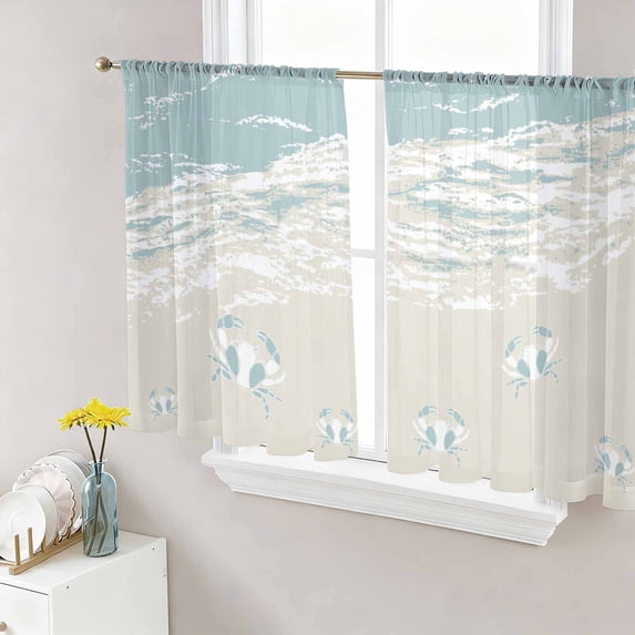 Blue Coastal Crabs Sheer Curtains 45 Inch Length 2 Panels Set, Summer Beach Ocean Abstract Art Voile Window Treatment Rod Pocket Small Kitchen Curtains Drapes for Bedroom 52"x45"x2